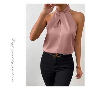 Elegante top a lupetto in raso rosa antico da donna, camicetta senza maniche effetto seta.