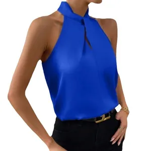 Elegante top a americana in raso blu reale da donna, chic camicetta in seta senza maniche