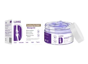 Détail du gel de massage apaisant LUHNS pour le soulagement de la douleur et son emballage