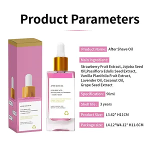 Detailed specification table for 90ml strawberry after shave oil body essence for skin care.
