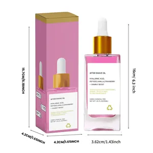 Product dimensions for 90ml strawberry after shave oil bottle and box in centimeters and inches.