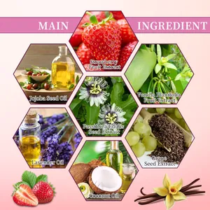 Infographic showing natural ingredients of strawberry after shave body oil serum