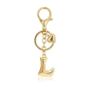 Golden bubble letter L keychain with heart charm and lobster clasp for bag decoration