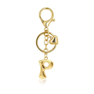 Gold 3D bubble letter P keychain with dainty heart charm and swivel lobster clasp