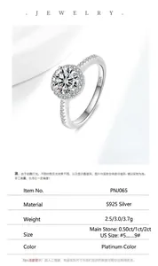 Detail view of S925 sterling silver moissanite halo ring with specifications table