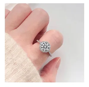 Detail view of a round-cut moissanite ring in S925 silver on a hand