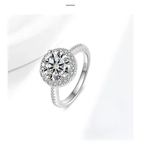 Macro detail of S925 sterling silver moissanite ring with halo micro-pave setting