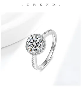 Close-up macro view of S925 sterling silver halo ring featuring a moissanite center stone.
