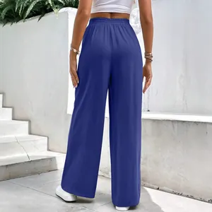 Modische tiefblaue Damen-Freizeithose mit weitem Bein und elastischem hohen Bund