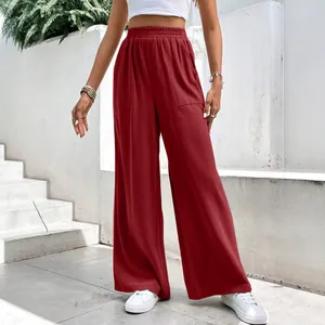 Elegante Damen Freizeithose mit hoher Taille, weitem Bein und Taschen in tiefem Weinrot