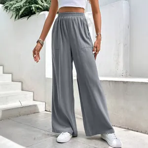 Lässige graue Damen-Hose mit weitem Bein, gerader Schnitt, Gummizug und Seitentaschen