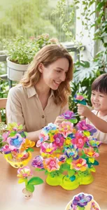 Detail of children's DIY flower bouquet building set during a parent-child activity