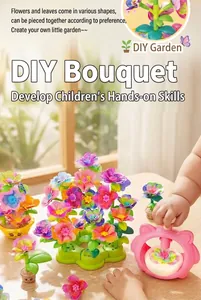 Detailed macro view of children's DIY flower press machine and colorful garden building set
