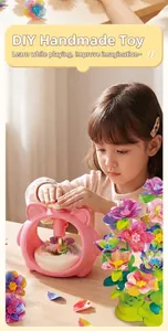 Close-up of a child using the DIY flower press machine to create a colorful bouquet