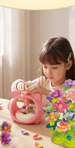 Close-up of a child using the DIY flower press machine to create a colorful bouquet