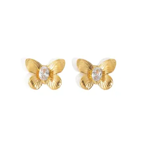 Élégantes boucles d'oreilles papillon en acier inoxydable plaqué or 18 carats et cristaux.