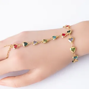 Elegant gold-plated hand chain bracelet with colorful heart-shaped glass charms for women