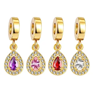 Stainless steel teardrop charms with colorful cubic zirconia in four vibrant shades
