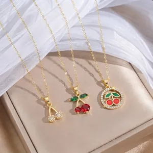 Titanium Steel Cherry Pendant Necklace For Women Luxury Zirconia Enamel Fruit Clavicle Chain Korean Style Gold Silver Jewelry