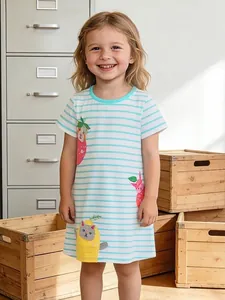 Girls Summer Cotton Striped Short Sleeve Dress With Cute Cartoon Animal Applique Embroidery Hamster Rabbit Cat Casual Princess Skirt