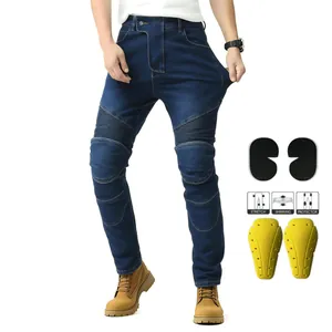 Men Motorcycle Riding Jeans High Stretch Biker Denim Pants With Removable Protective Knee Pads Slim Fit Straight Racing Trousers