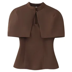 Elegant brown mock two-piece top with stand collar and capelet overlay design