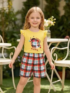 Girls Summer Cotton Outfit Yellow Ruffle Sleeve Top And Plaid Shorts Embroidered Ladybug Pattern Casual Soft Clothes