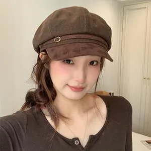 Asian woman wearing a vintage brown wool newsboy hat for autumn and winter styles