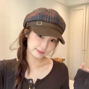 Vintage plaid wool newsboy hat for women with stylish metal buckle detail.