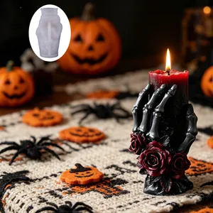 Moule en silicone pour bougie parfumée en forme de main de squelette avec roses pour Halloween