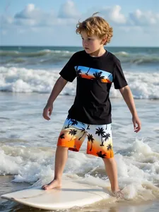 Boy's two-piece swimsuit featuring sunset palm tree prints on a scenic beach.
