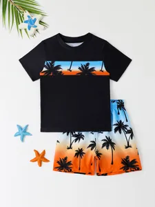 Boys two-piece swimwear set featuring a black sunset palm tree tee and gradient shorts.