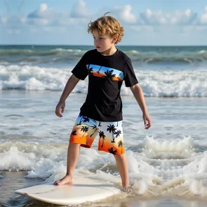 Boys Gradient Coconut Tree Print Two Piece Swimsuit Set Short Sleeve Top And Shorts Beach Bathing Suit Kids Swimwear