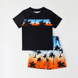 Boys two-piece swimsuit with gradient palm tree print short sleeve top and shorts