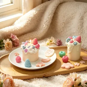 Gemütliche handgemachte Sahnetortenkerzen mit Erdbeeren und Heidelbeeren Dekoration