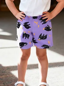 Kids Girls Casual Cotton Shorts Western Style Gorilla Banana Print Purple Summer Elastic Waist Drawstring Pockets Bottoms