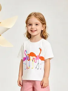 Maglietta Estiva in Cotone per Bambine Stampa Cartoon Fenicottero Manica Corta Top Casual Girocollo Sportivo Abbigliamento Bambina