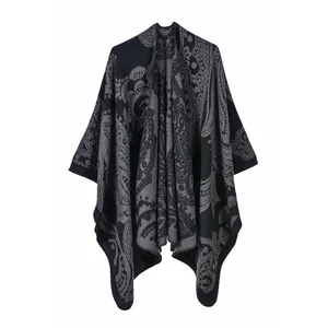Dark grey paisley double-sided knit shawl poncho for winter warmth and office comfort