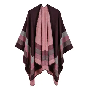 Elegant double-sided wine red and pink striped knit poncho shawl wrap for women