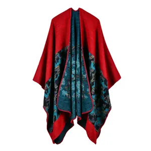 Elegant red and teal patterned knit poncho shawl with split front design for women