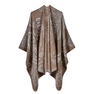 Elegant brown paisley patterned split poncho shawl wrap for chic autumn winter styling