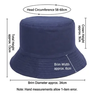 Detailed size measurements of a navy blue polyester bucket hat for adults.