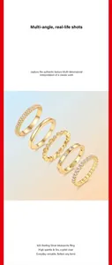 Vista detallada de cinco anillos de eternidad apilables de plata 925 y moissanita en oro.