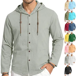 Overview of men's casual long sleeve hooded cotton shirts in a variety of solid colors