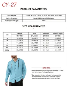 Size chart and details for men's hooded drawstring linen blend shirt