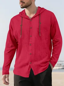 Detailed view of a red hooded drawstring cotton shirt for men featuring buttons.
