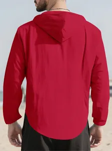 Back view detail of a men's loose red pure cotton hooded long-sleeve casual shirt