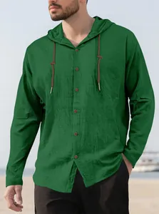 Detail view of men's green long sleeve cotton hooded shirt with drawstring