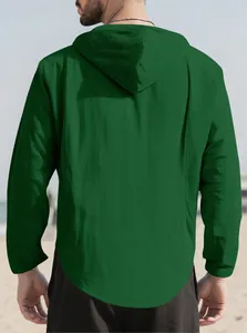 Detailed back view of men's loose forest green hooded cotton casual long sleeve beach shirt