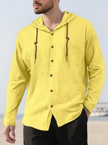 Detailed view of yellow linen-textured hooded long sleeve shirt for men's beachwear.